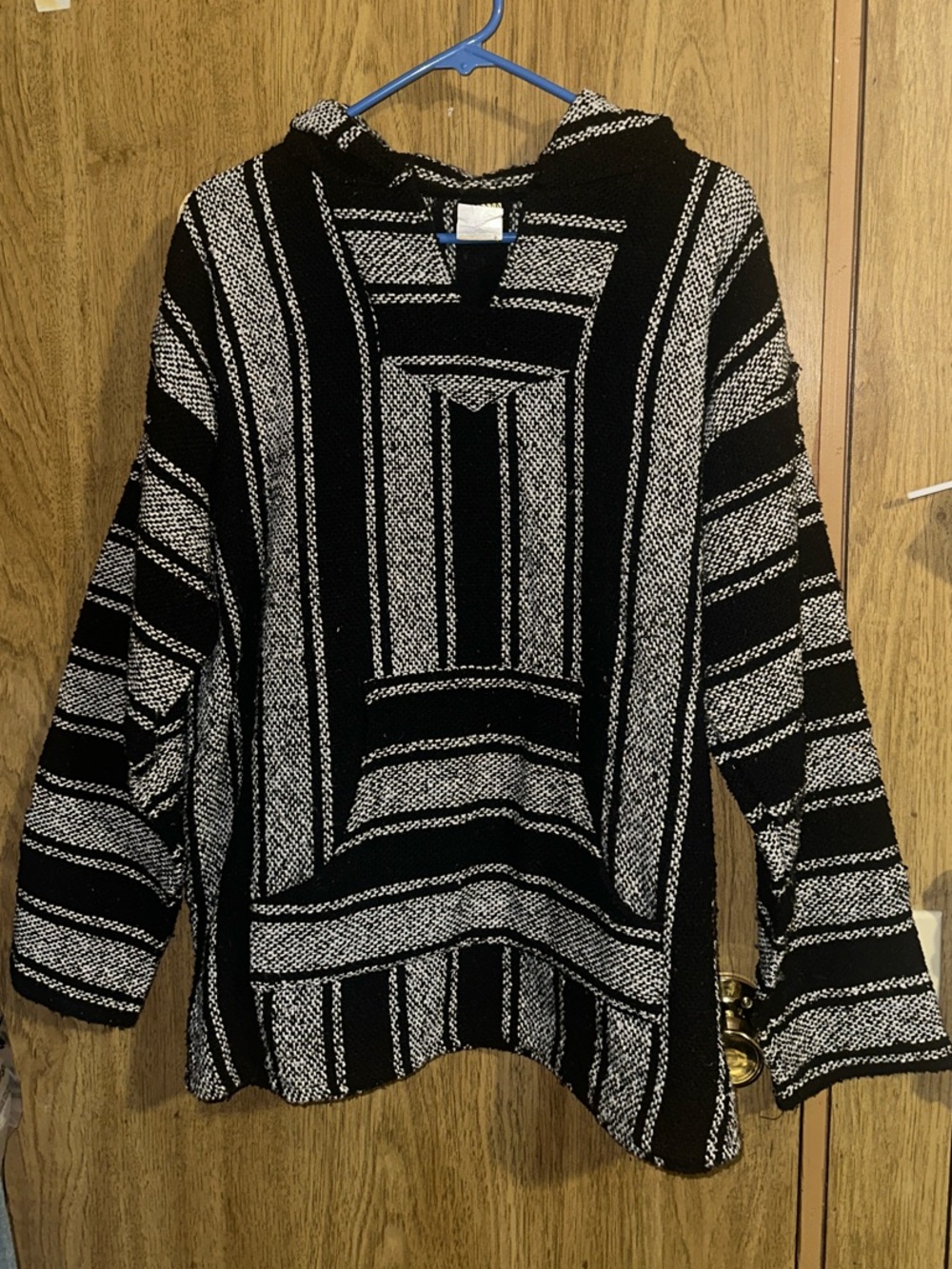 Striped Hooded Baja-Style Pullover Sweater - Black & White